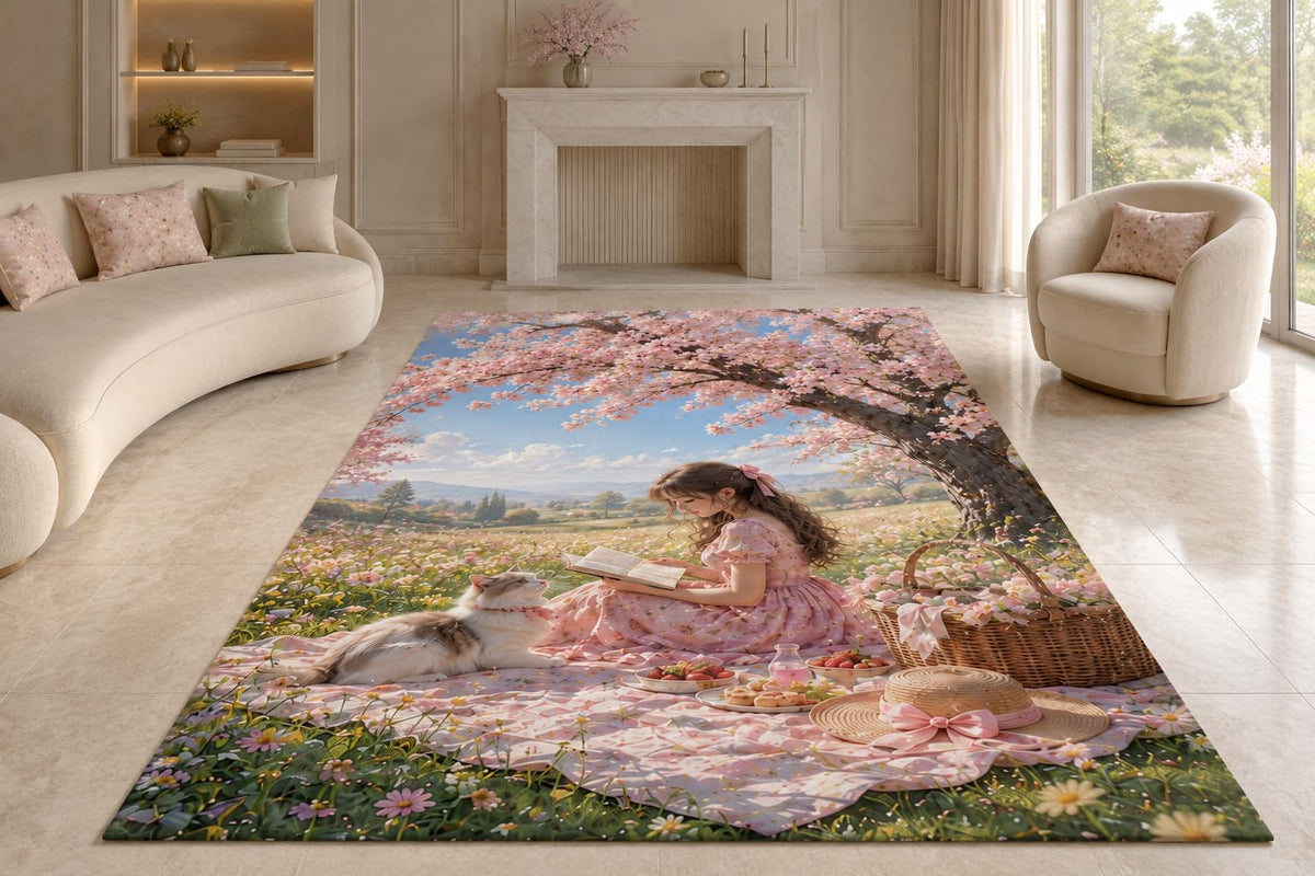 ICE ARMOR "Ultra Lightweight Large 6'7" x 9'10" Cherry Blossom Picnic Area Rug for Living Room, Bedroom and Home Office, Soft Low Pile Carpet with Non-Slip Silicone Backing, Pink and Blue