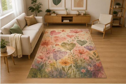 ICE ARMOR 5' x 7' Watercolor Floral Hearts Area Rug for Living Room, Soft Low Pile Indoor Rug with Non-Slip Silicone Backing, Decorative Carpet for Bedroom, Nursery, Playroom, Kids & Pets, Cream