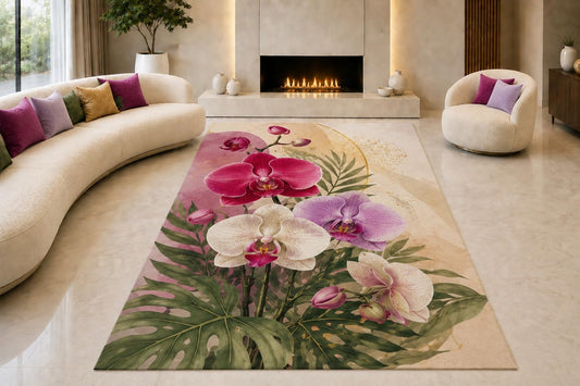 ICE ARMOR "Ultra Lightweight Large 6'7" x 9'10" Tropical Orchids Area Rug for Living Room, Bedroom and Home Office, Soft Low Pile Carpet with Non-Slip Silicone Backing, Purple and Green
