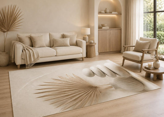 ICE ARMOR 5' x 7' Minimalist Coastal Area Rug with Non-Slip Silicone Backing Low Pile Soft Carpet for Living Room Bedroom Beige Palm Leaf Zen Stone Spa Decor