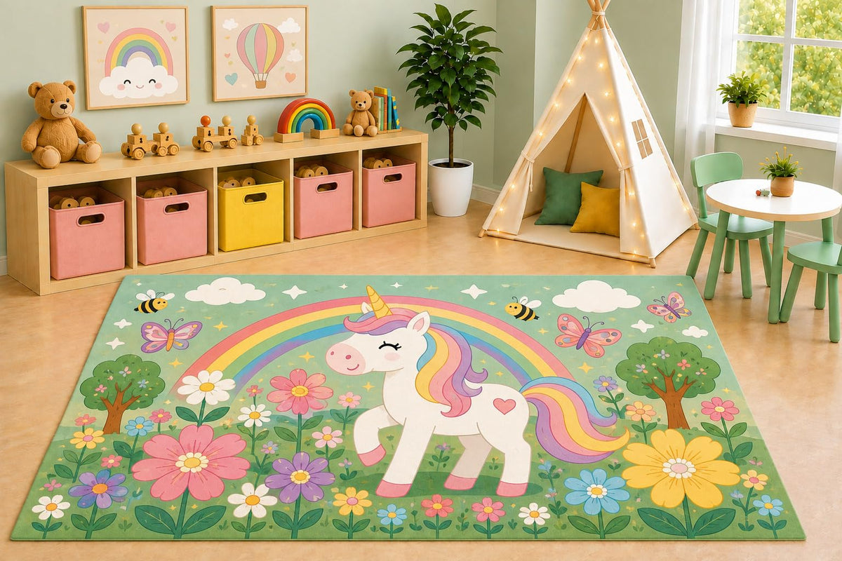 ICE ARMOR 5' x 7' Unicorn Garden Area Rug, Pastel Floral Rainbow Butterfly Bee Kids Playroom Nursery Bedroom Decorative Rug, Non-Slip Silicone Backing Low Pile
