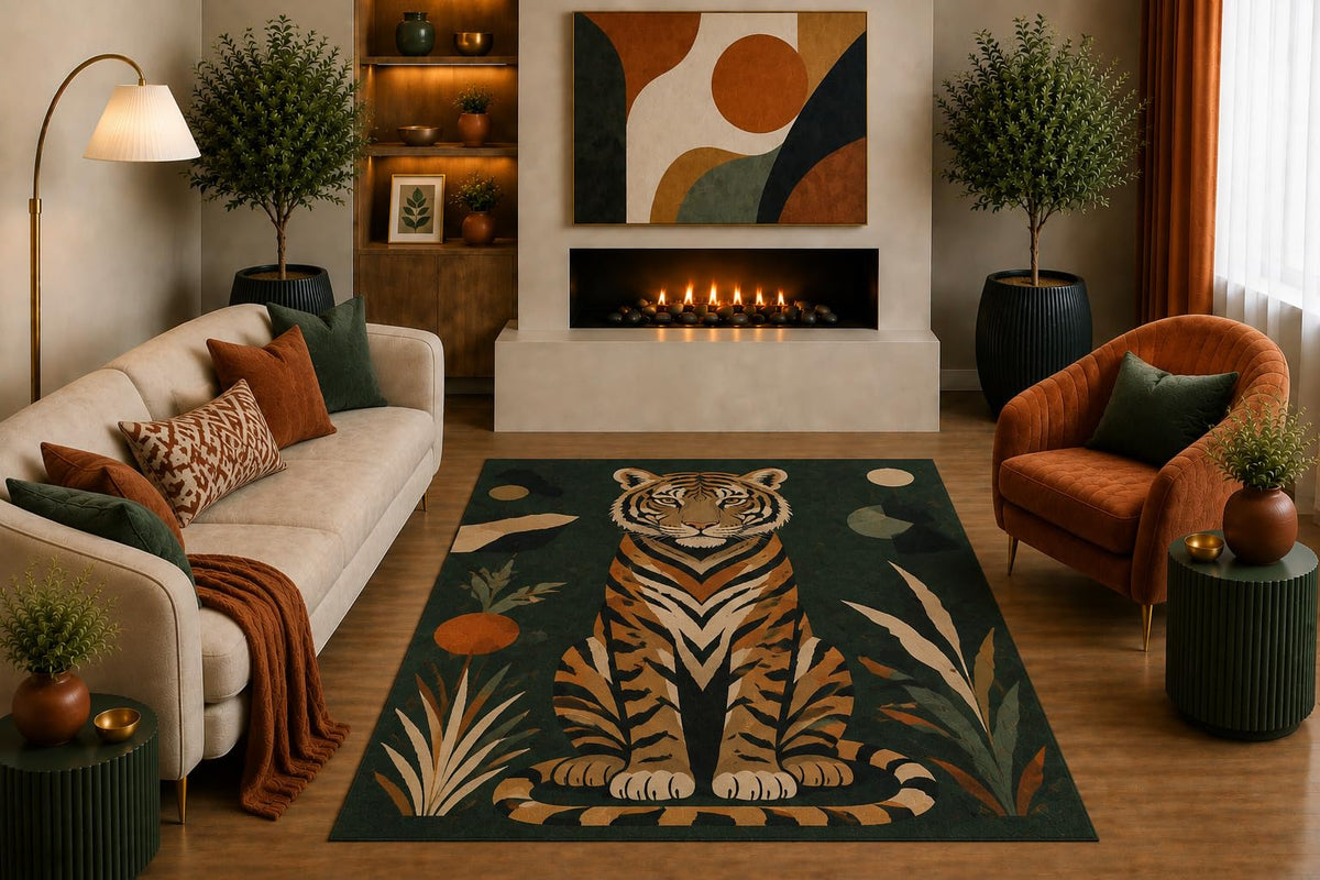 ICE ARMOR "Ultra Light Weight 5' x 7' Tiger Area Rug Mid Century Modern Jungle Wildlife Art in Green Orange for Living Room Bedroom Office Non-Slip Silicone Backing Low Pile