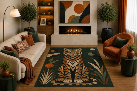 ICE ARMOR "Ultra Light Weight 5' x 7' Tiger Area Rug Mid Century Modern Jungle Wildlife Art in Green Orange for Living Room Bedroom Office Non-Slip Silicone Backing Low Pile