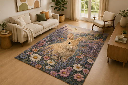 ICE ARMOR 5' x 7' Rabbit Lavender Garden Area Rug for Living Room, Soft Low Pile Indoor Rug with Non-Slip Silicone Backing, Cottage Floral Decor for Bedroom, Nursery, Kids Room, Kids & Pets