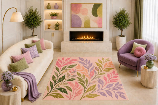 ICE ARMOR "Ultra Light Weight 5' x 7' Pink Botanical Leaf Area Rug Pastel Watercolor Branch Art Decor for Living Room Bedroom Nursery Girls Room Non-Slip Silicone Backing Low Pile