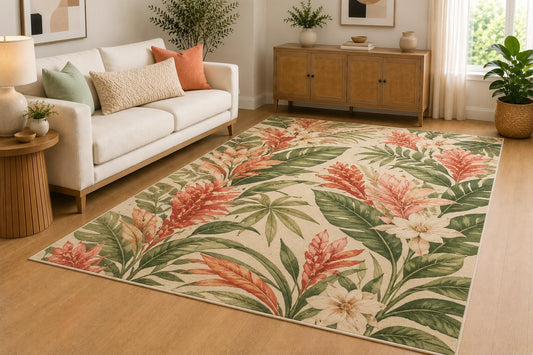 ICE ARMOR 5' x 7' Tropical Ginger Flower Botanical Area Rug for Living Room, Soft Low Pile Indoor Rug with Non-Slip Silicone Backing, Bedroom, Dining Room, Green Coral Cream