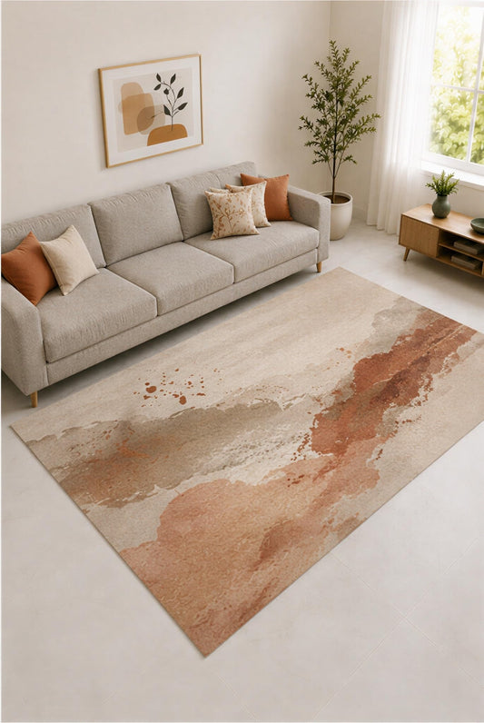 ICE ARMOR "Ultra Lightweight Large 6'7" x 9'10" Terracotta and Beige Watercolor Strokes Area Rug for Living Room, Bedroom and Home Office, Soft Low Pile Carpet with Non-Slip Silicone Backing