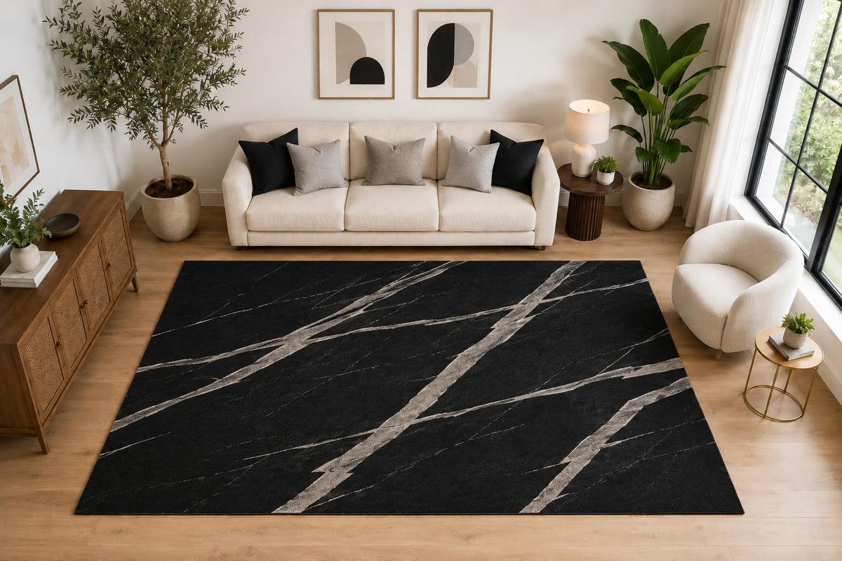 ICE ARMOR Large 6'7" x 9'10" Marble Vein Pattern Area Rug for for Bedroom, Living Room, Soft Low Pile Indoor Rug with Non-Slip Silicone Backing, Black Gray