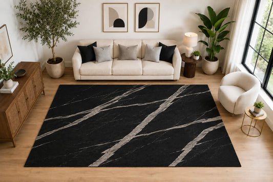 ICE ARMOR Large 6'7" x 9'10" Marble Vein Pattern Area Rug for for Bedroom, Living Room, Soft Low Pile Indoor Rug with Non-Slip Silicone Backing, Black Gray