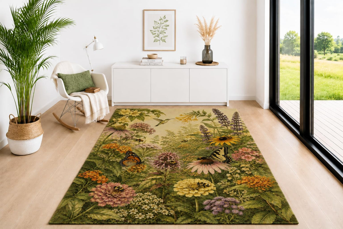 ICE ARMOR 5' x 7' Pollinator Flower Garden Area Rug, Soft Low Pile Indoor Carpet with Non-Slip Silicone Backing for Living Room, Bedroom, Dining Space, Office, Kids & Pets, Green