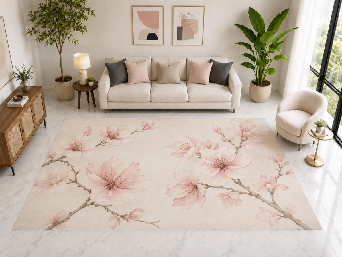 ICE ARMOR "Ultra Light Weight Large 6'7" x 9'10" Cherry Blossom Rug, Soft Low Pile Indoor Rug, Non-Slip Silicone Backing for Bedroom Blush Pink
