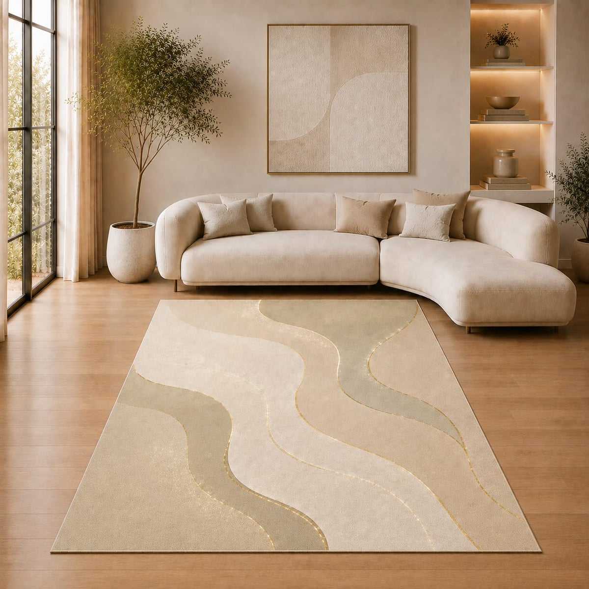 ICE ARMOR 5' x 7' Modern Wavy Line Area Rug for Living Room, Soft Low Pile Indoor Rug with Non-Slip Silicone Backing, Decorative Carpet for Bedroom, Office, Family Room, Sage Green