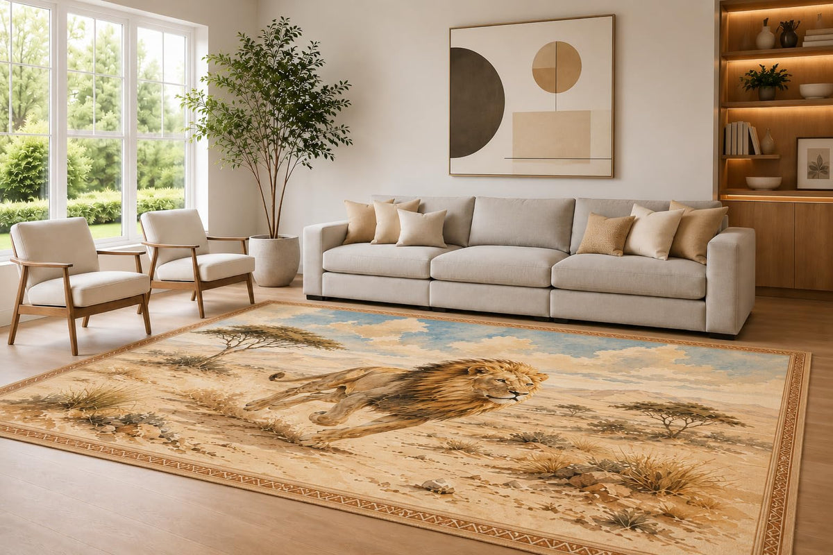 ICE ARMOR Large 6'7" x 9'10" Beige and Brown Running Lion Area Rug for Living Room, Soft Low Pile Carpet with Non-Slip Silicone Backing, Decor for Bedroom Dining Room and Home Office