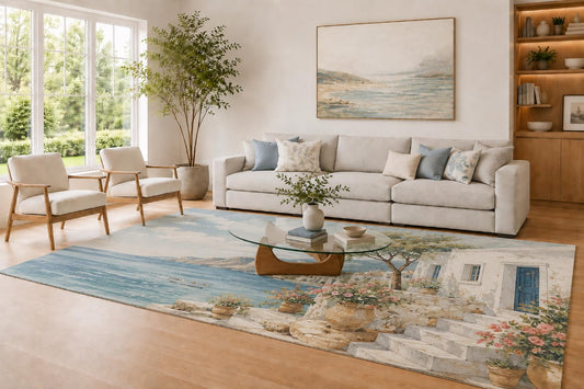 ICE ARMOR Large 6'7" x 9'10" Blue and Cream Island Cottage Area Rug for Living Room, Soft Low Pile Carpet with Non-Slip Silicone Backing, Decor for Bedroom and Home Office