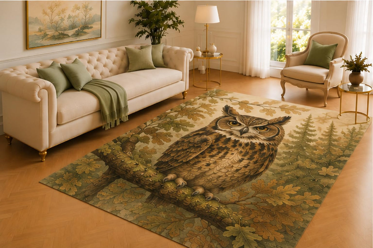 ICE ARMOR 5' x 7' Owl Rug, Woodland Bird Perched on a Mossy Branch with Oak Leaves and Pine Trees, Soft Floor Cover for Living Room, Bedroom, Office and Cabin Decor