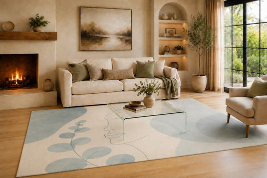 ICE ARMOR Large 6'7" x 9'10" Powder Blue and Cream Eucalyptus Profile Area Rug for Living Room, Soft Low Pile Carpet with Non-Slip Backing for Bedroom, Dining Room and Office