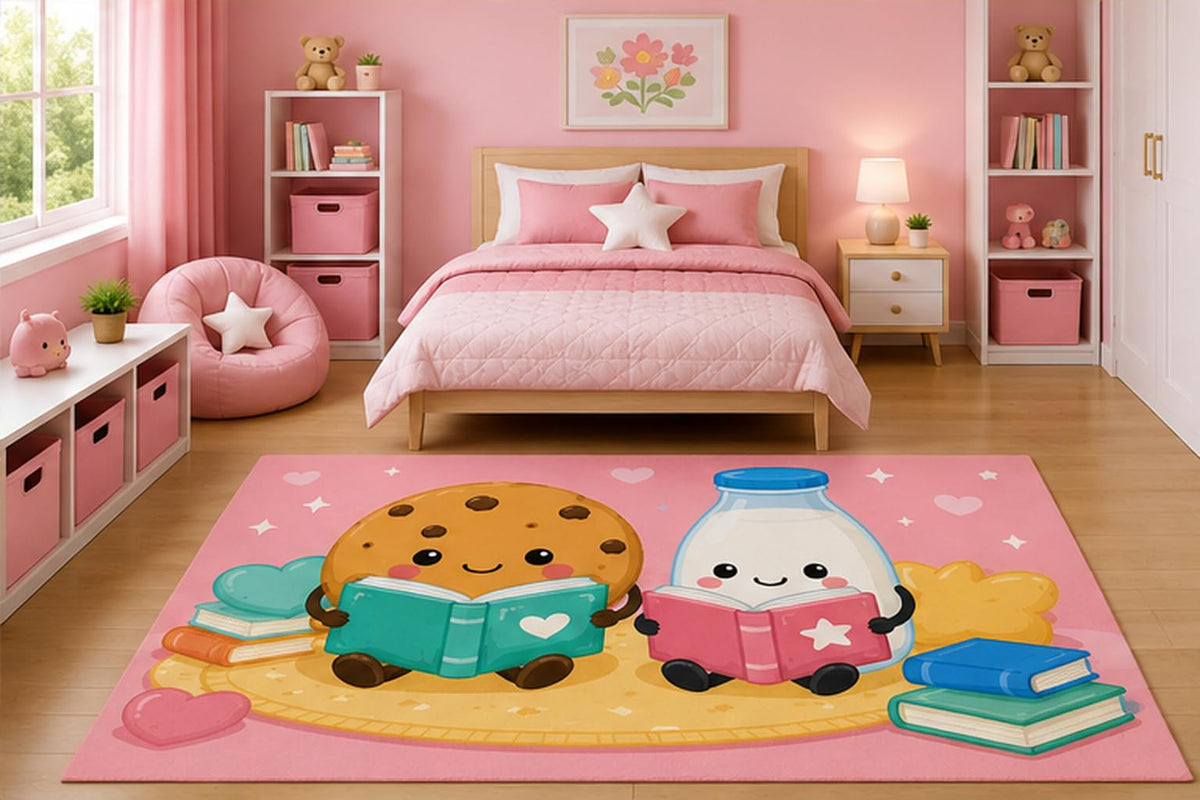 ICE ARMOR 5' x 7' Cute Cookies and Milk Reading Books Area Rug for Kids Bedroom Nursery Playroom Scandinavian Minimalist Kawaii Storytime Decor Non-Slip Silicone Backing Low Pile