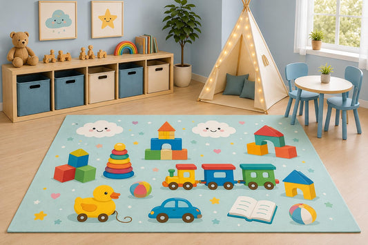 ICE ARMOR 5' x 7' Educational Toys Area Rug for Kids Playroom Nursery Bedroom, Building Blocks Train Car Duck Ball Learning Cartoon Carpet, Non-Slip Silicone Backing Low Pile