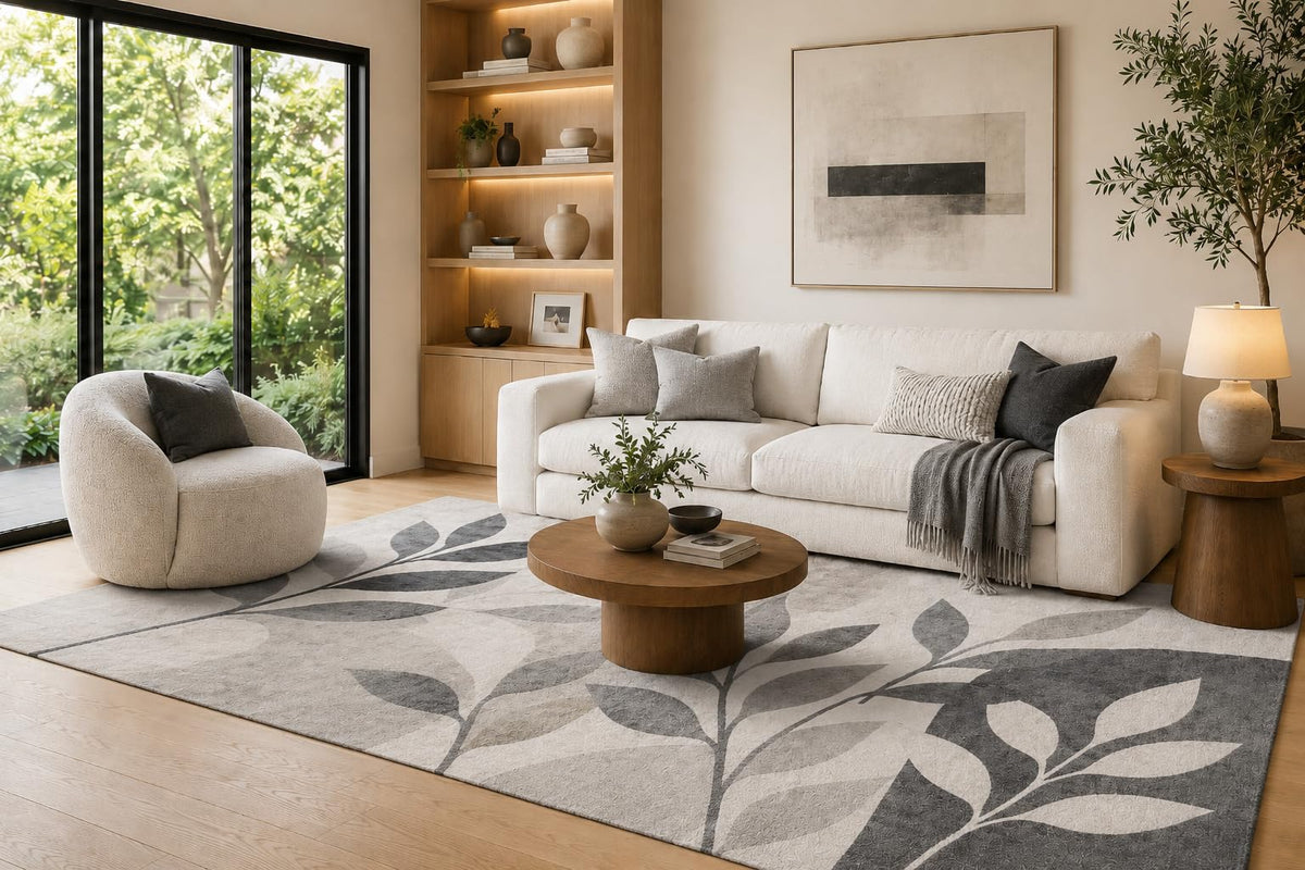 ICE ARMOR 6'7" x 9'10" Gray, Charcoal and Cream Monochrome Leaf Branches Area Rug for Living Room, Soft Low Pile Carpet with Non-Slip Backing, Floor Decor for Bedroom, Dining Room and Home Office