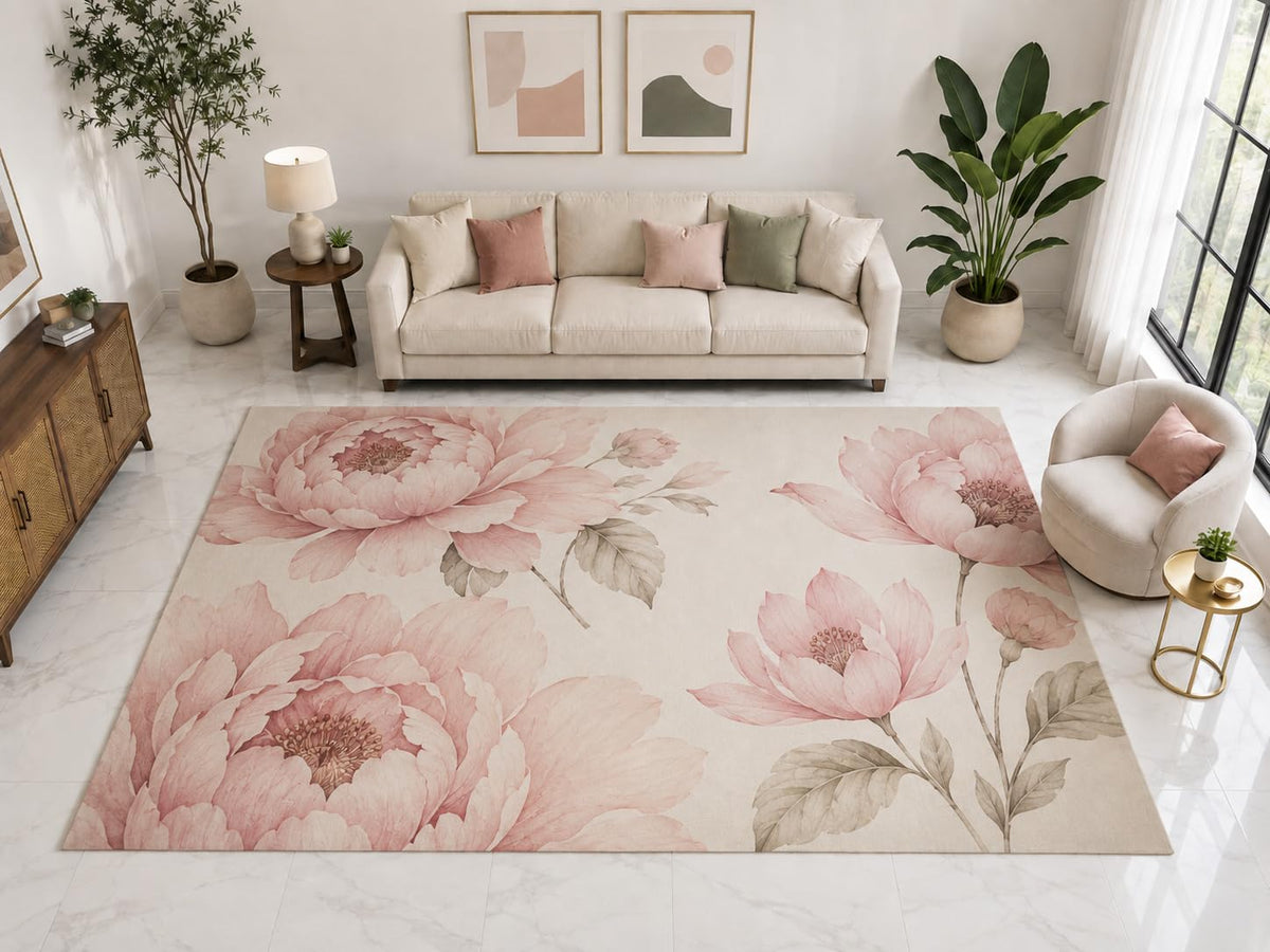 ICE ARMOR "Ultra Light Weight Large 6'7" x 9'10" Botanical Peony Rug, Soft Low Pile Indoor Rug, Non-Slip Silicone Backing for Living Room Blush Pink