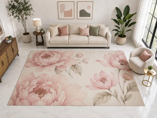 ICE ARMOR "Ultra Light Weight Large 6'7" x 9'10" Botanical Peony Rug, Soft Low Pile Indoor Rug, Non-Slip Silicone Backing for Living Room Blush Pink
