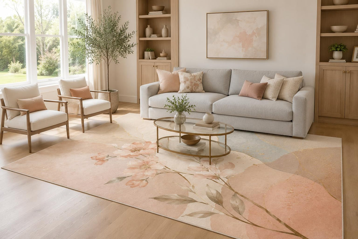 ICE ARMOR Large 6'7" x 9'10" Peach and Cream Elegant Floral Branches Area Rug for Living Room, Soft Low Pile Carpet with Non-Slip Silicone Backing, Decor for Bedroom and Home Office