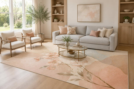 ICE ARMOR Large 6'7" x 9'10" Peach and Cream Elegant Floral Branches Area Rug for Living Room, Soft Low Pile Carpet with Non-Slip Silicone Backing, Decor for Bedroom and Home Office
