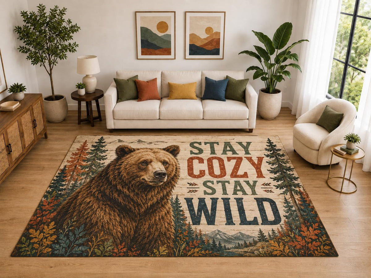 ICE ARMOR "Ultra Light Weight Large 6'7" x 9'10" Stay Cozy Wild Bear Rug, Soft Low Pile Indoor Rug, Non-Slip Silicone Backing for Living Room Brown