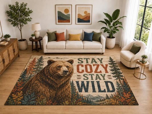 ICE ARMOR "Ultra Light Weight Large 6'7" x 9'10" Stay Cozy Wild Bear Rug, Soft Low Pile Indoor Rug, Non-Slip Silicone Backing for Living Room Brown