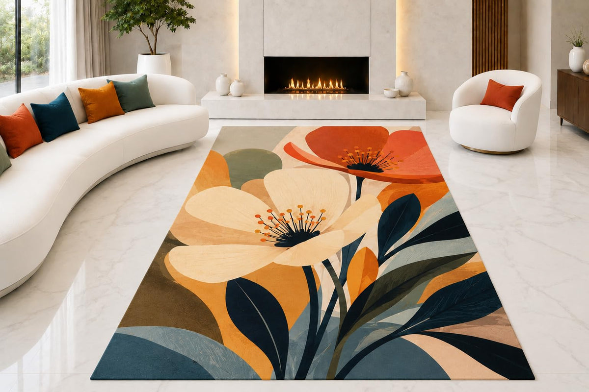 ICE ARMOR "Ultra Lightweight Large 6'7" x 9'10" Retro Floral Blooms Area Rug for Living Room, Bedroom and Home Office, Soft Low Pile Carpet with Non-Slip Silicone Backing, Orange and Teal
