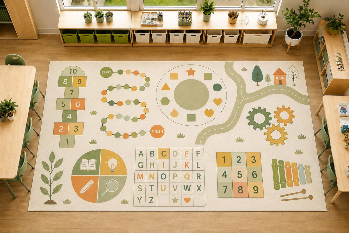 ICE ARMOR Large 6'7" x 9'10" Alphabet Numbers Learning Area Rug, Soft Low Pile Indoor Rug with Non-Slip Silicone Backing for Kids Room Playroom, Beige