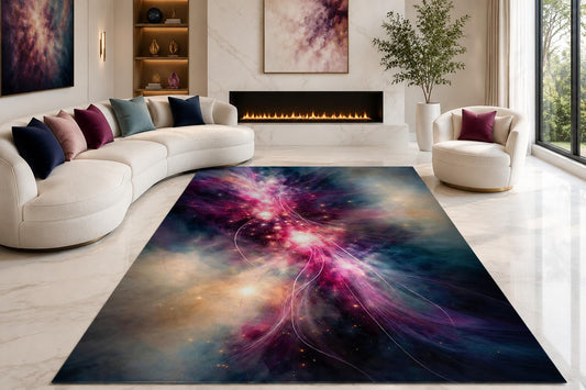 ICE ARMOR "Ultra Lightweight Large 6'7" x 9'10" Cosmic Nebula Burst Area Rug for Living Room, Bedroom and Home Office, Soft Low Pile Carpet with Non-Slip Silicone Backing, Purple and Blue