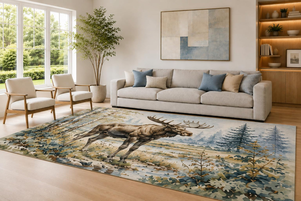 ICE ARMOR Large 6'7" x 9'10" Blue and Beige Running Moose Area Rug for Living Room, Soft Low Pile Carpet with Non-Slip Silicone Backing, Decor for Bedroom Dining Room and Home Office
