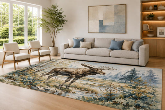 ICE ARMOR Large 6'7" x 9'10" Blue and Beige Running Moose Area Rug for Living Room, Soft Low Pile Carpet with Non-Slip Silicone Backing, Decor for Bedroom Dining Room and Home Office