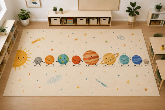 ICE ARMOR Large 6'7" x 9'10" Solar System Planets Kids Area Rug, Soft Low Pile Indoor Rug with Non-Slip Silicone Backing for Nursery, Playroom, Ivory