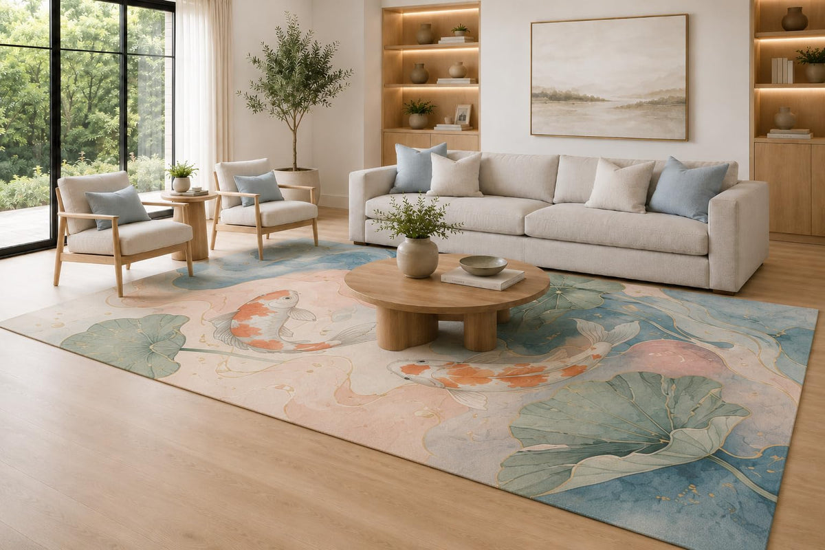 ICE ARMOR Large 6'7" x 9'10" Teal Blue, Coral and Cream Koi Fish Lotus Leaves Area Rug for Living Room, Soft Low Pile Carpet with Non-Slip Silicone Backing, Decor for Bedroom and Home Office