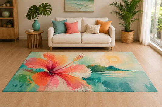 ICE ARMOR "Ultra Light Weight 5' x 7' Hibiscus Shore Area Rug for Living Room, Bedroom and Home Office, Soft Low Pile Carpet with Non-Slip Silicone Backing, Orange and Teal