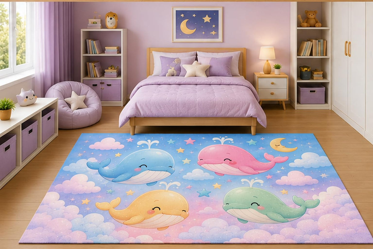 ICE ARMOR 5' x 7' Pastel Baby Whales in Clouds Area Rug for Kids Bedroom Nursery Playroom Scandinavian Minimalist Celestial Ocean Decor Non-Slip Silicone Backing Low Pile