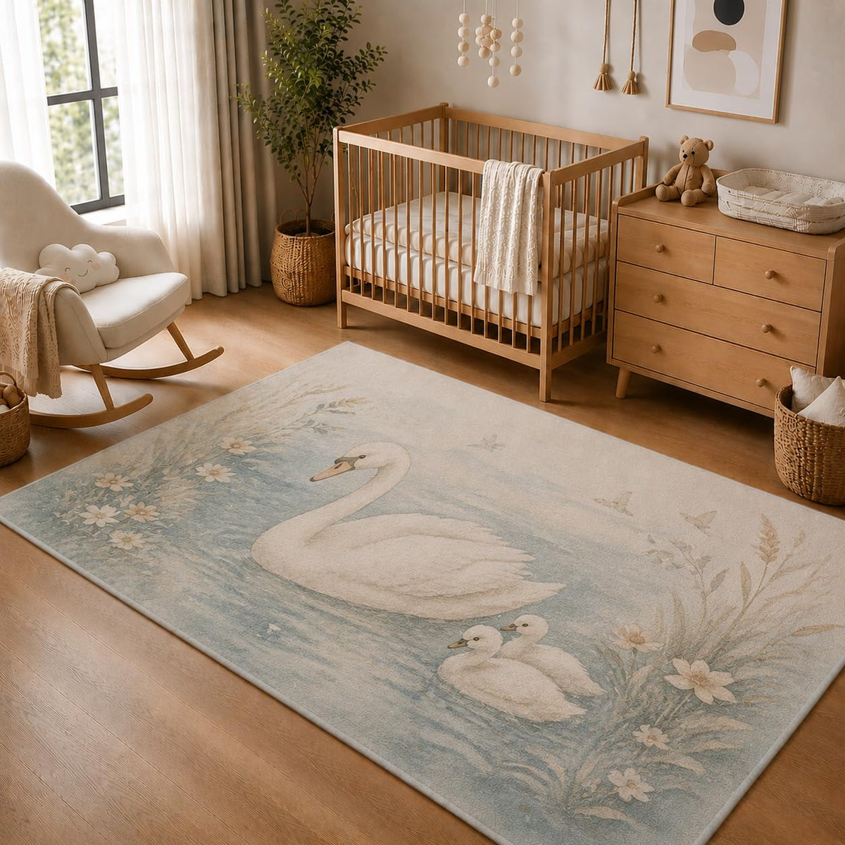 ICE ARMOR 5' x 7' Swan and Cygnets Lake Area Rug, Soft Low Pile Indoor Rug with Non-Slip Silicone Backing, Peaceful Nursery Carpet for Kids Room, Bedroom, Kids and Pets, Blue White