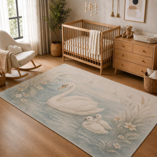 ICE ARMOR 5' x 7' Swan and Cygnets Lake Area Rug, Soft Low Pile Indoor Rug with Non-Slip Silicone Backing, Peaceful Nursery Carpet for Kids Room, Bedroom, Kids and Pets, Blue White