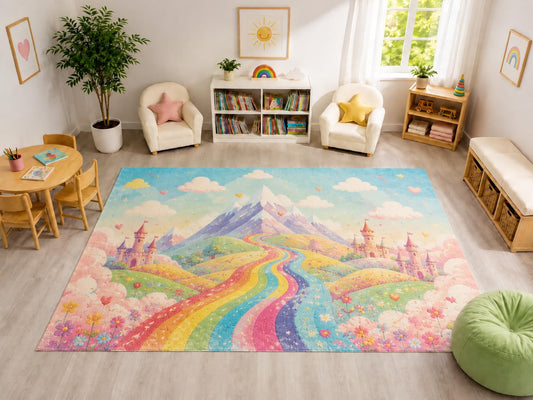 ICE ARMOR "Ultra Light Weight Large 6'7" x 9'10" Rainbow Road Castle Rug, Soft Low Pile Indoor Rug, Non-Slip Silicone Backing for Playroom Multicolor