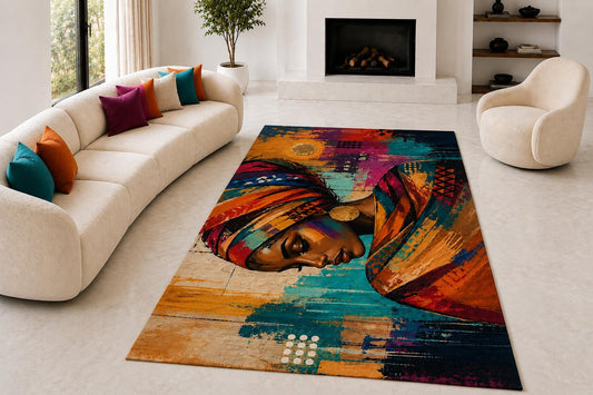 ICE ARMOR "Ultra Lightweight Large 6'7" x 9'10" Woman Headwrap Area Rug for Living Room, Bedroom and Home Office, Soft Low Pile Carpet with Non-Slip Silicone Backing, Orange and Teal