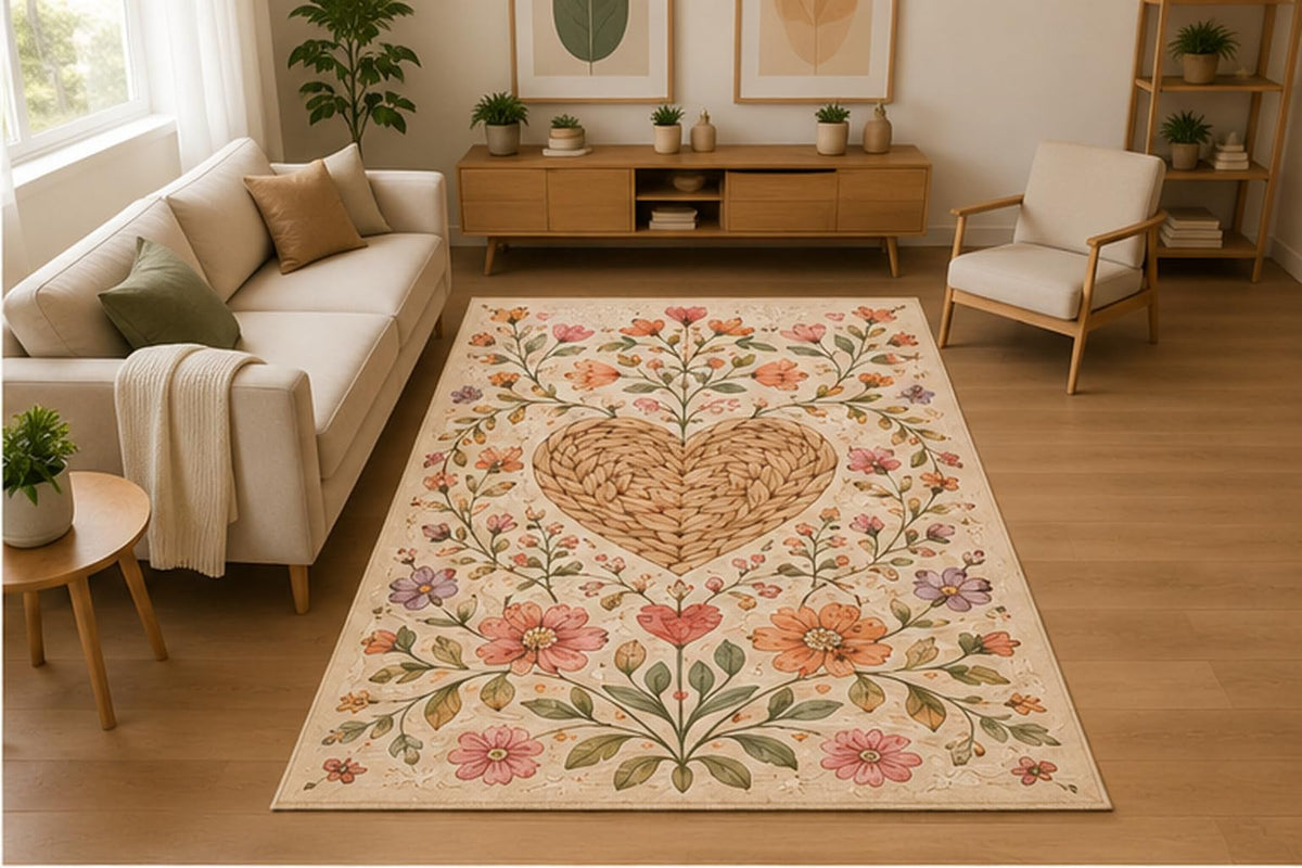 ICE ARMOR 5' x 7' Woven Heart Botanical Area Rug for Living Room, Soft Low Pile Indoor Rug with Non-Slip Silicone Backing, Decorative Carpet for Bedroom, Dining Room, Office, Cream Beige