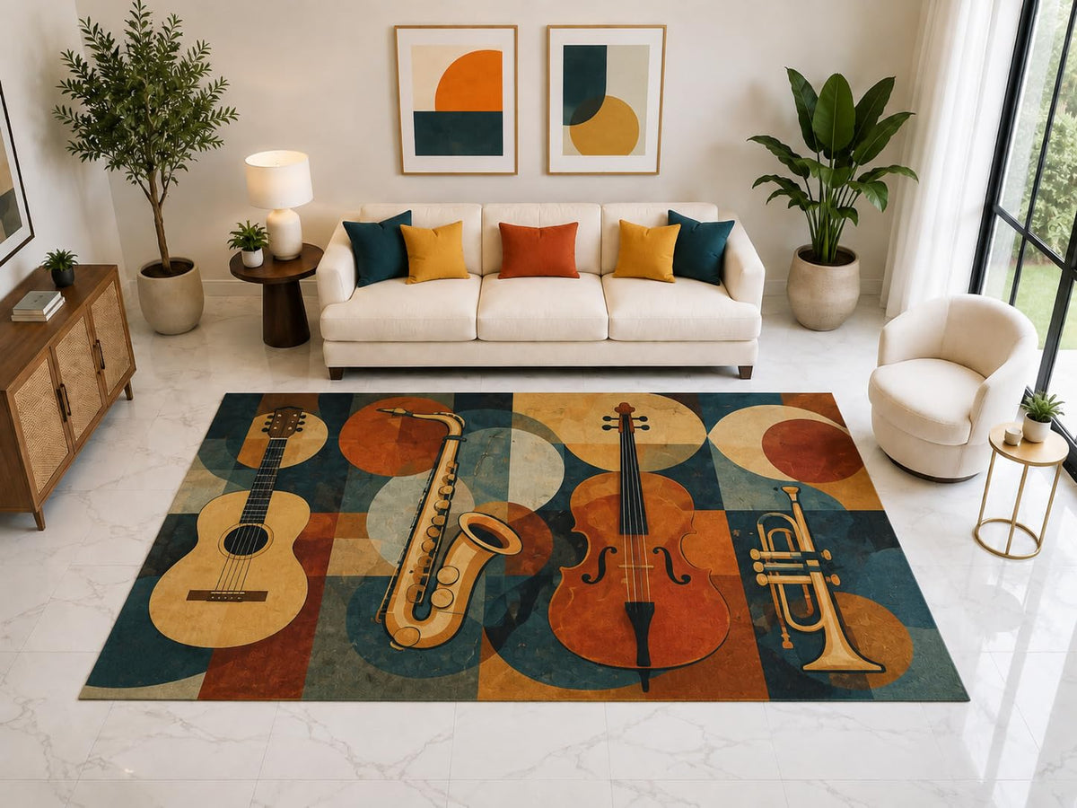 ICE ARMOR "Ultra Light Weight Large 6'7" x 9'10" Musical Instruments Rug, Soft Low Pile Indoor Rug, Non-Slip Silicone Backing for Living Room Teal