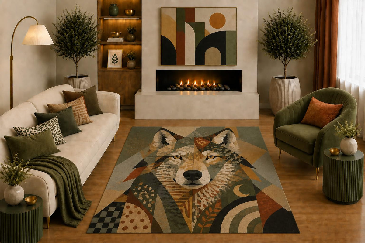 ICE ARMOR "Ultra Light Weight 5' x 7' Abstract Wolf Area Rug Geometric Boho Wildlife Portrait Art for Living Room Bedroom Office Cabin Decor Non-Slip Silicone Backing Low Pile