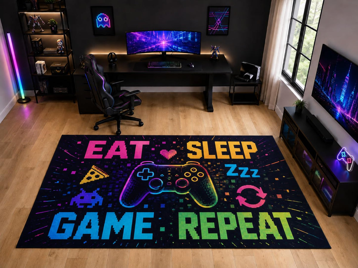 ICE ARMOR "Ultra Light Weight Large 6'7" x 9'10" Eat Sleep Game Repeat Controller Area Rug for Kids Room, Soft Low Pile Indoor Rug and Non-Slip Silicone Backing, Black