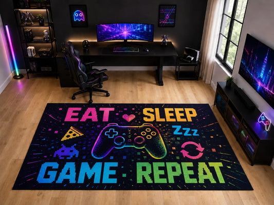 ICE ARMOR "Ultra Light Weight Large 6'7" x 9'10" Eat Sleep Game Repeat Controller Area Rug for Kids Room, Soft Low Pile Indoor Rug and Non-Slip Silicone Backing, Black