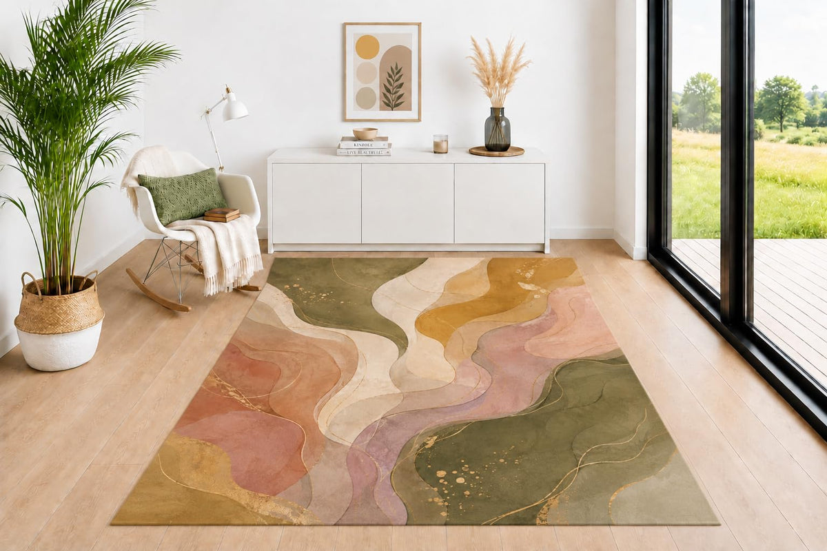 ICE ARMOR 5' x 7' Tropical Area Rug, Palm Leaf Feather Sun Pattern in Sage Green Mustard Terracotta Beige, Neutral Floor Carpet for Living Room Bedroom Office Decor