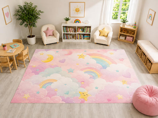 ICE ARMOR "Ultra Light Weight Large 6'7" x 9'10" Dreamy Rainbow Cloud Rug, Soft Low Pile Indoor Rug, Non-Slip Silicone Backing for Nursery Pink