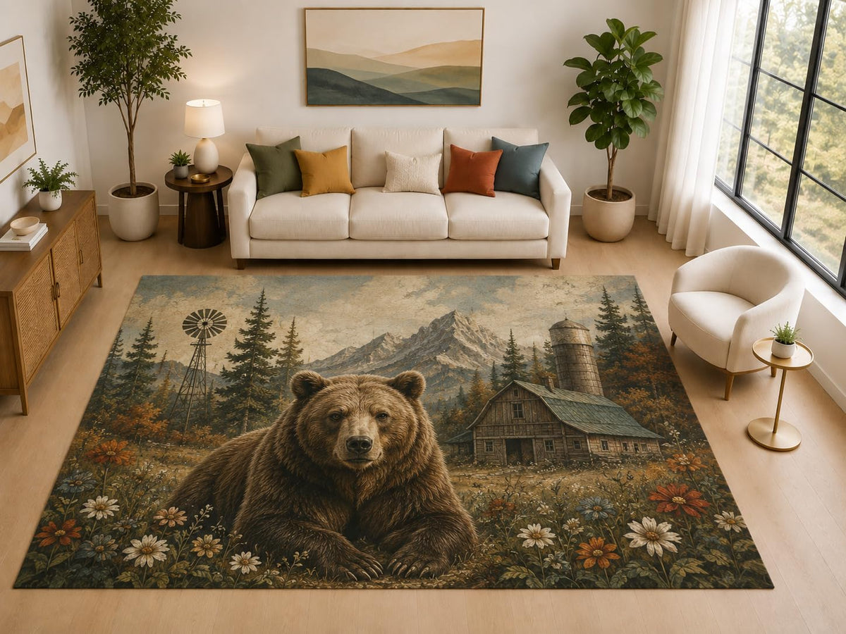 ICE ARMOR "Ultra Light Weight Large 6'7" x 9'10" Bear Farm Barn Rug for Family Room, Soft Low Pile Indoor Rug and Non-Slip Silicone Backing, Brown